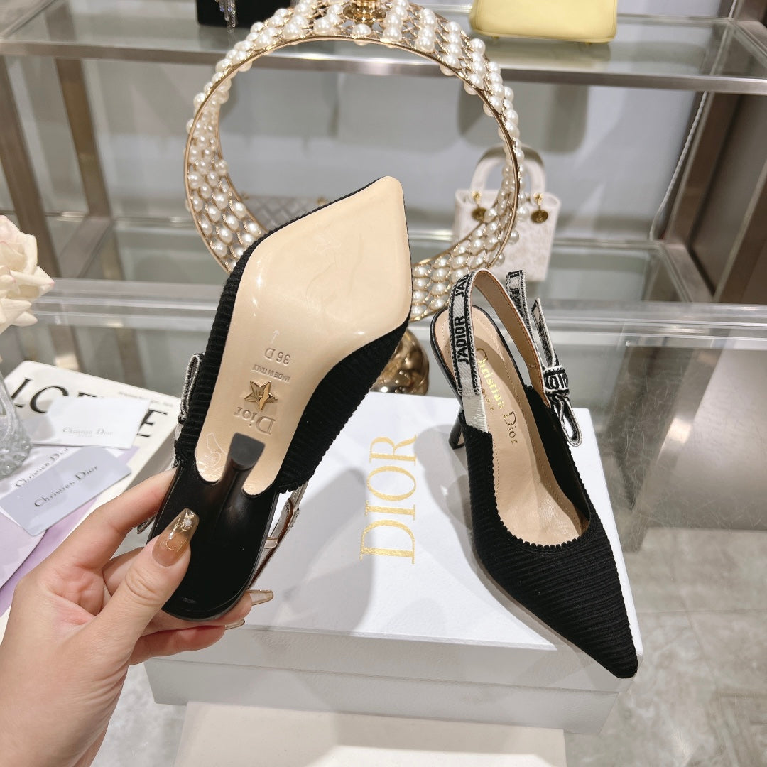 DIOR slingback pumps 95 black embroidered cotton ribbon