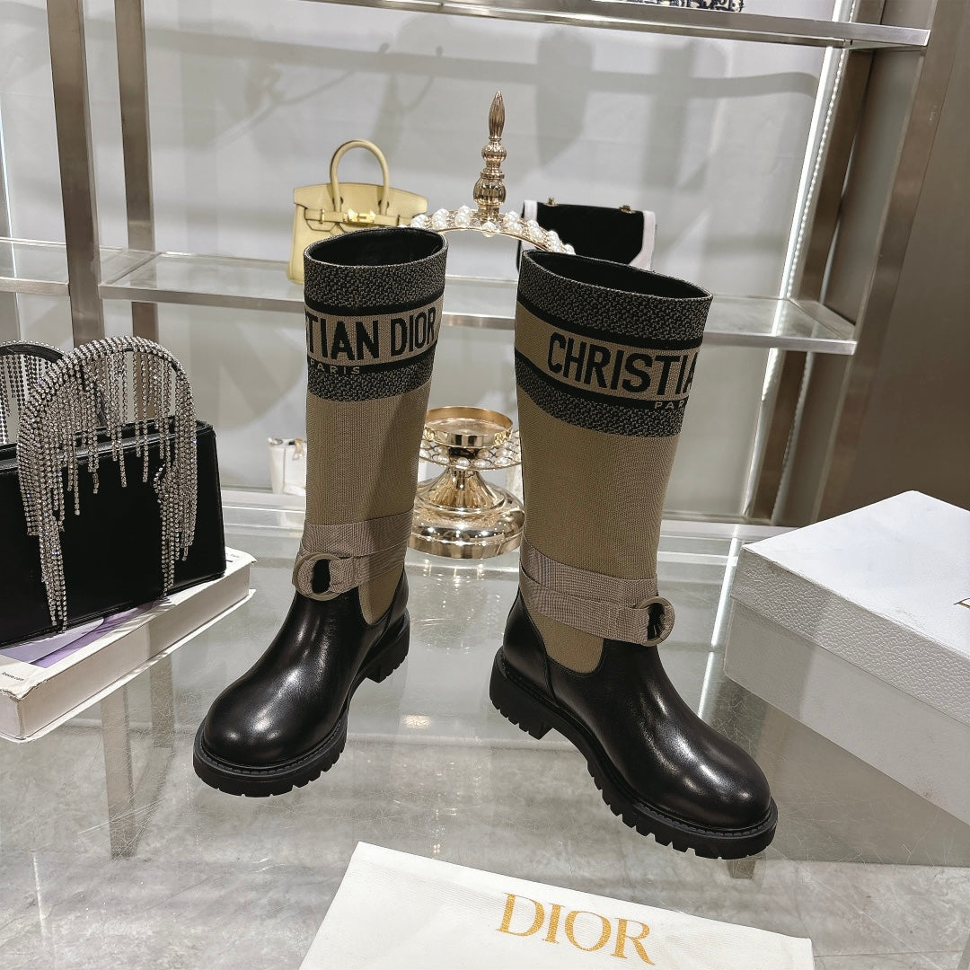 DIOR D-Major Boot Taupe Mix Black Calfskin And Denim Fabric