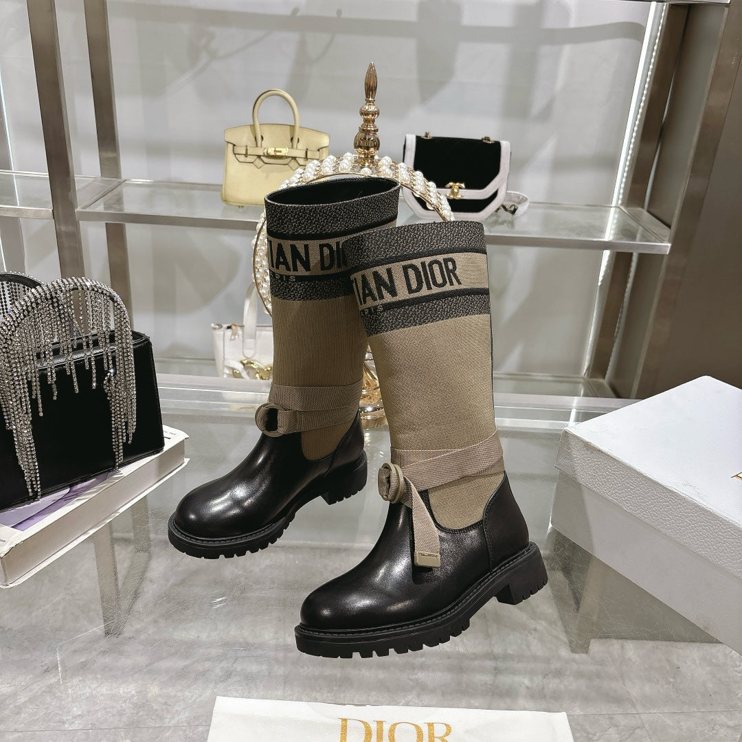 DIOR D-Major Boot Taupe Mix Black Calfskin And Denim Fabric