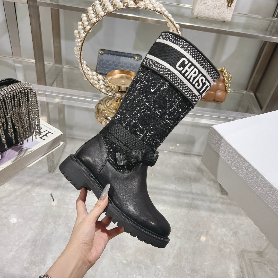 DIOR D-Major Boot Black Mix White Calfskin And Tweed Fabric