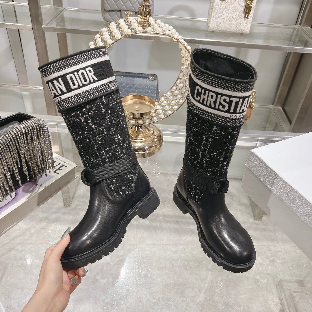 DIOR D-Major Boot Black Mix White Calfskin And Tweed Fabric