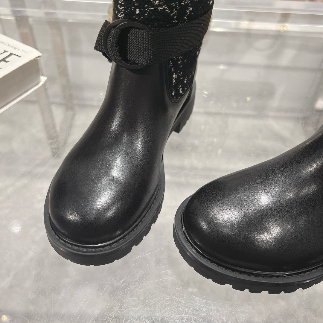 DIOR D-Major Boot Black Mix White Calfskin And Tweed Fabric