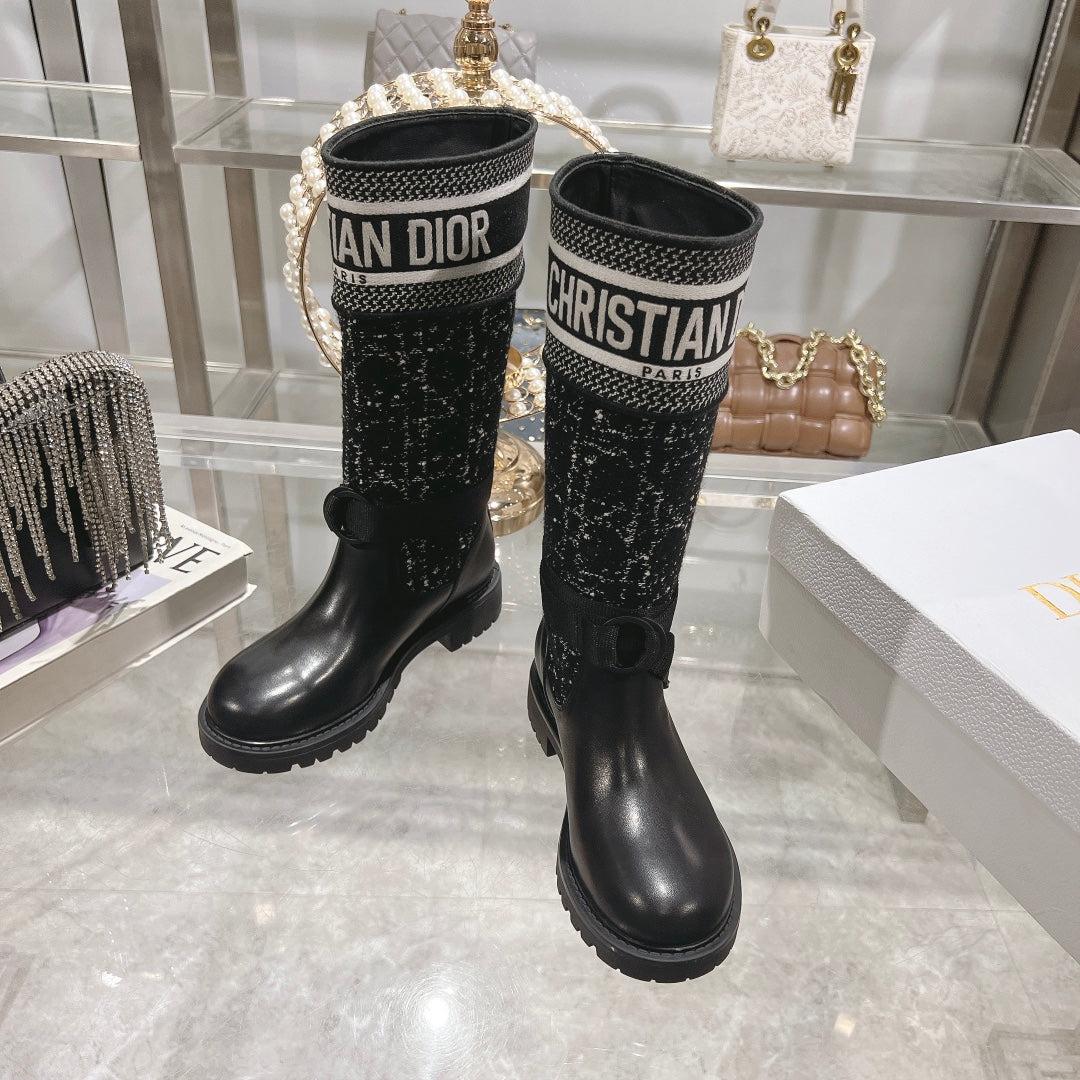 DIOR D-Major Boot Black Mix White Calfskin And Tweed Fabric