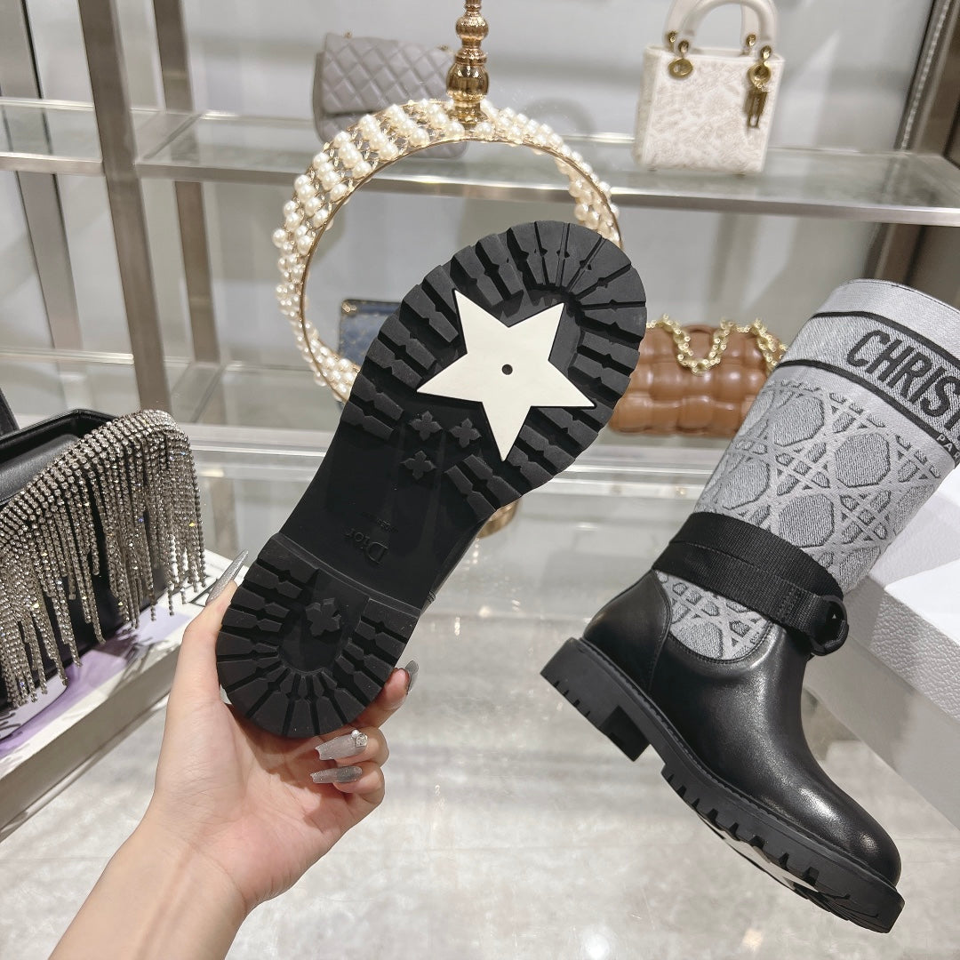 DIOR D-Major Boot Grey Mix Black Calfskin And Denim Fabric