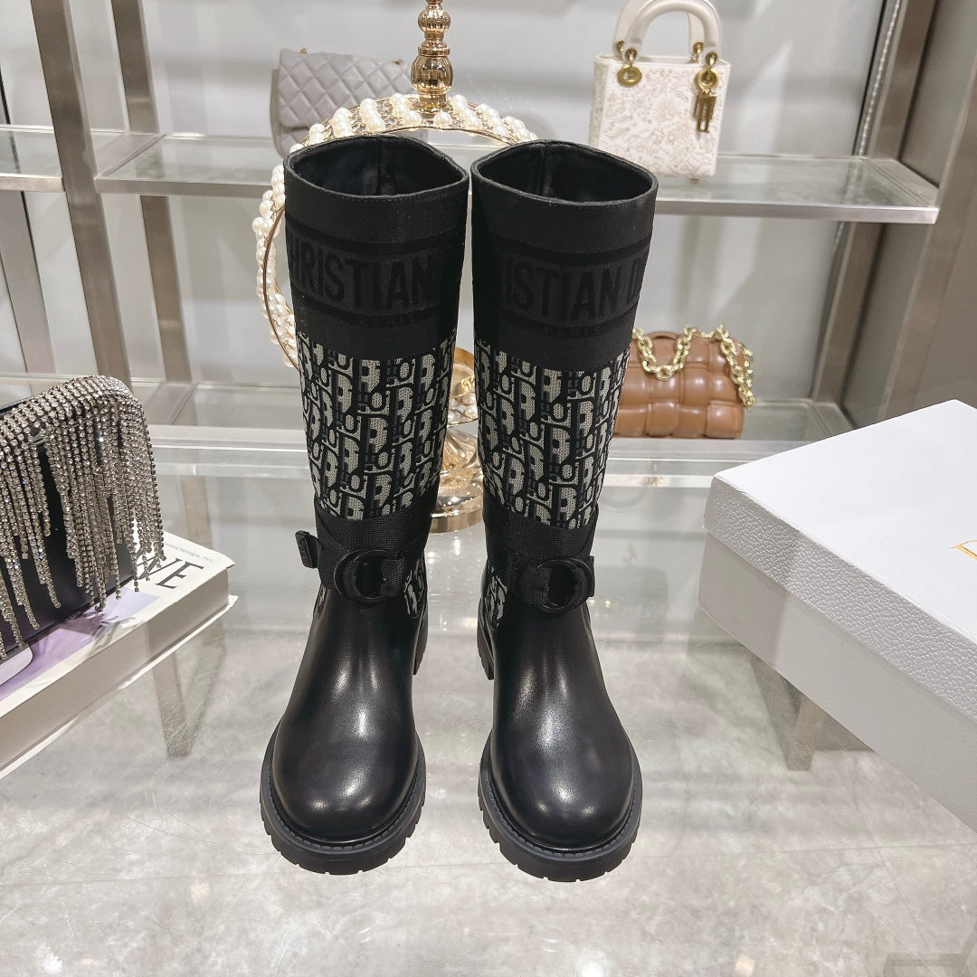 DIOR D-Major Boot Black Mix White Calfskin And Oblique Jacquard Fabric