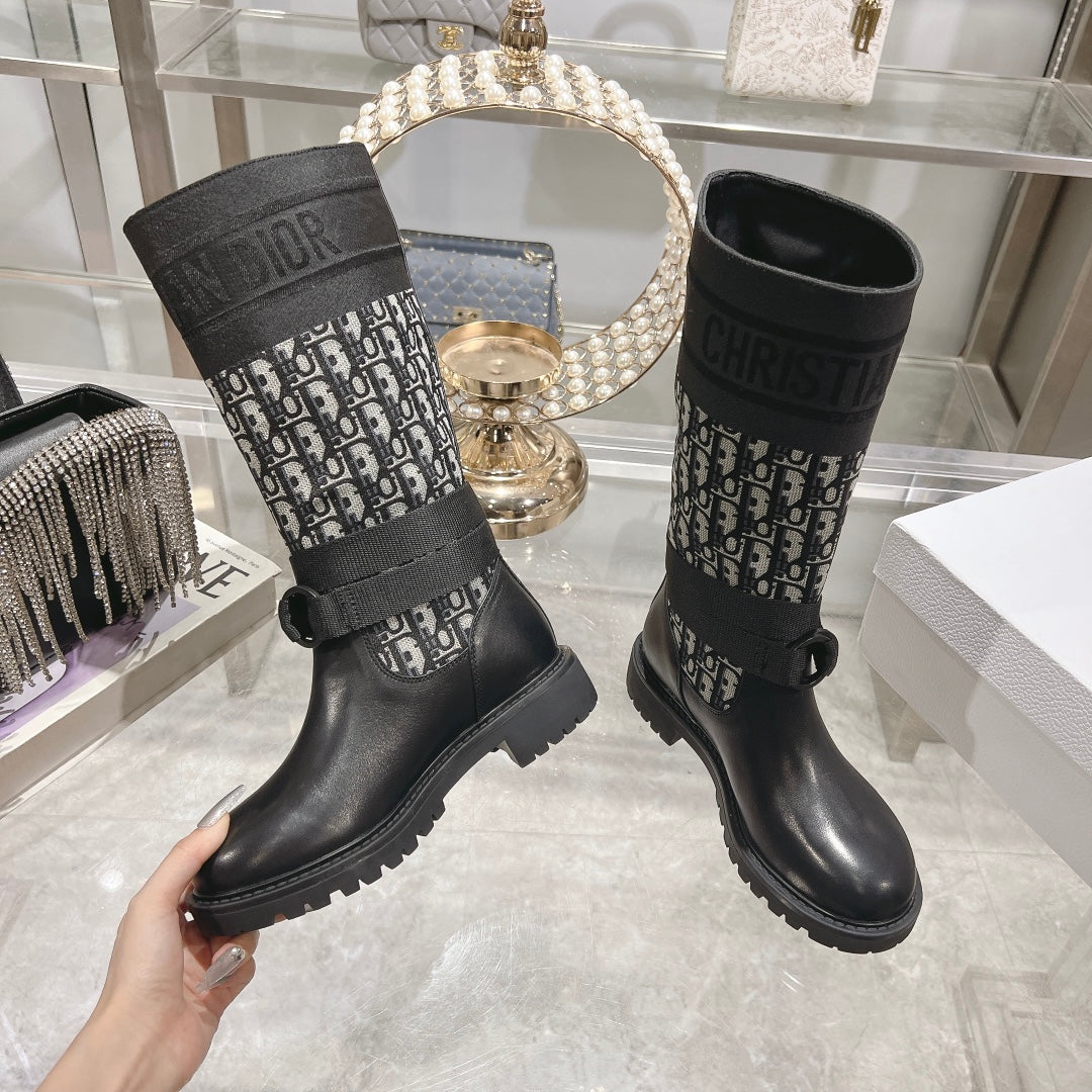 DIOR D-Major Boot Black Mix White Calfskin And Oblique Jacquard Fabric