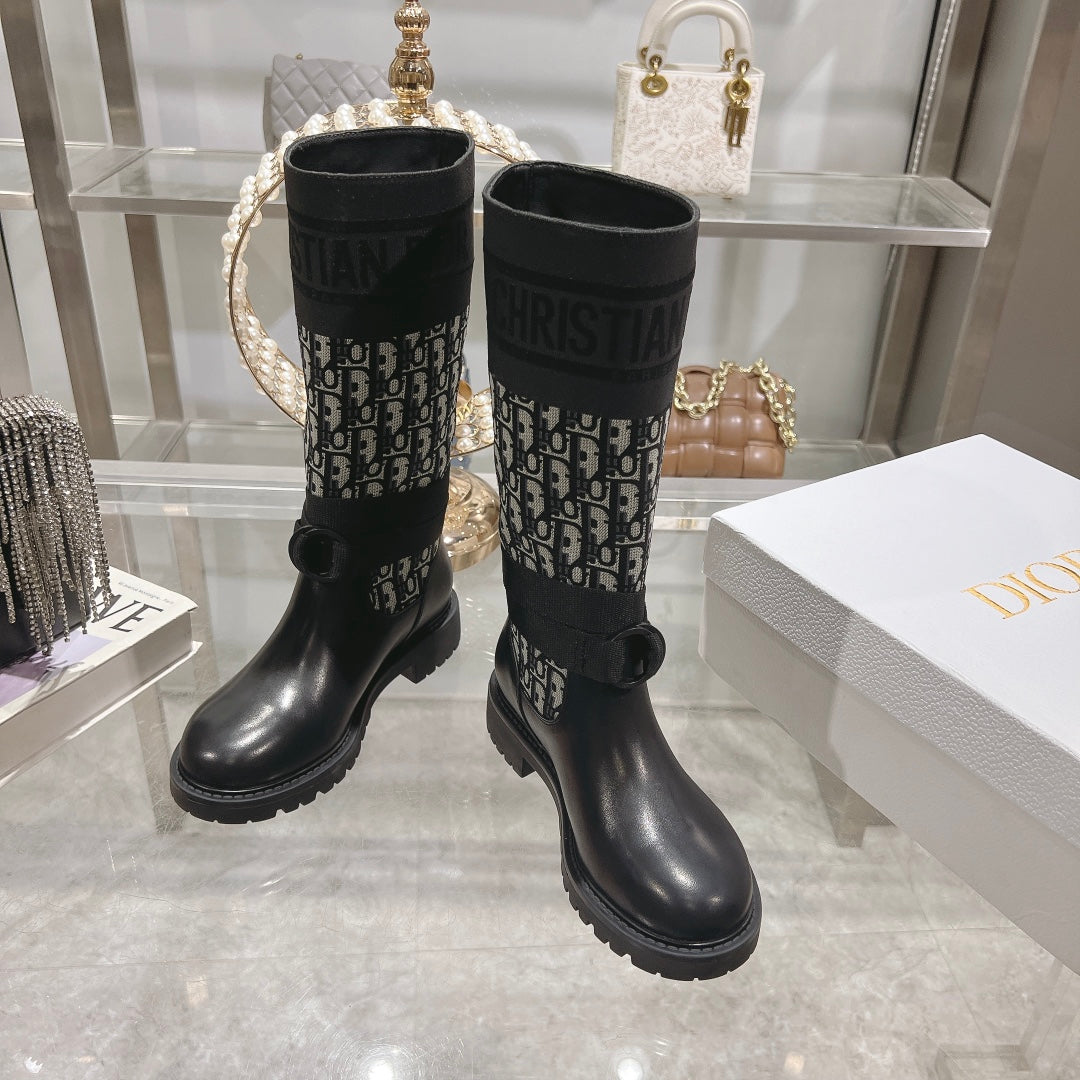 DIOR D-Major Boot Black Mix White Calfskin And Oblique Jacquard Fabric