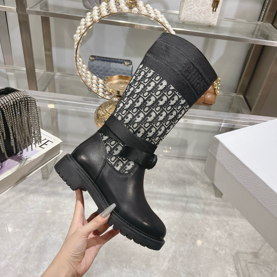 DIOR D-Major Boot Black Mix White Calfskin And Oblique Jacquard Fabric
