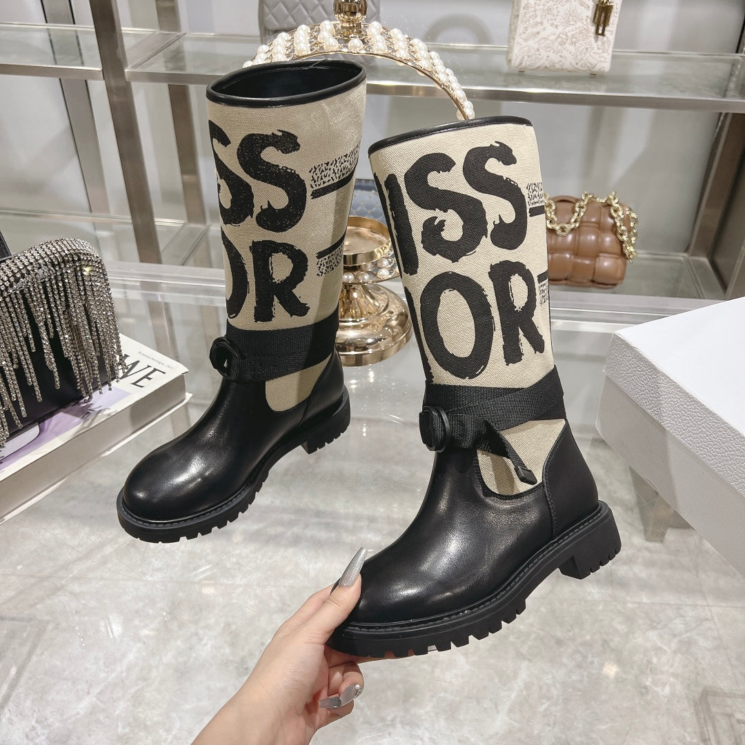 DIOR D-Major Boot Black Mix Beige Calfskin And Canvas