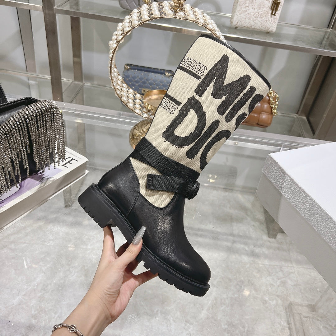 DIOR D-Major Boot Black Mix Beige Calfskin And Canvas