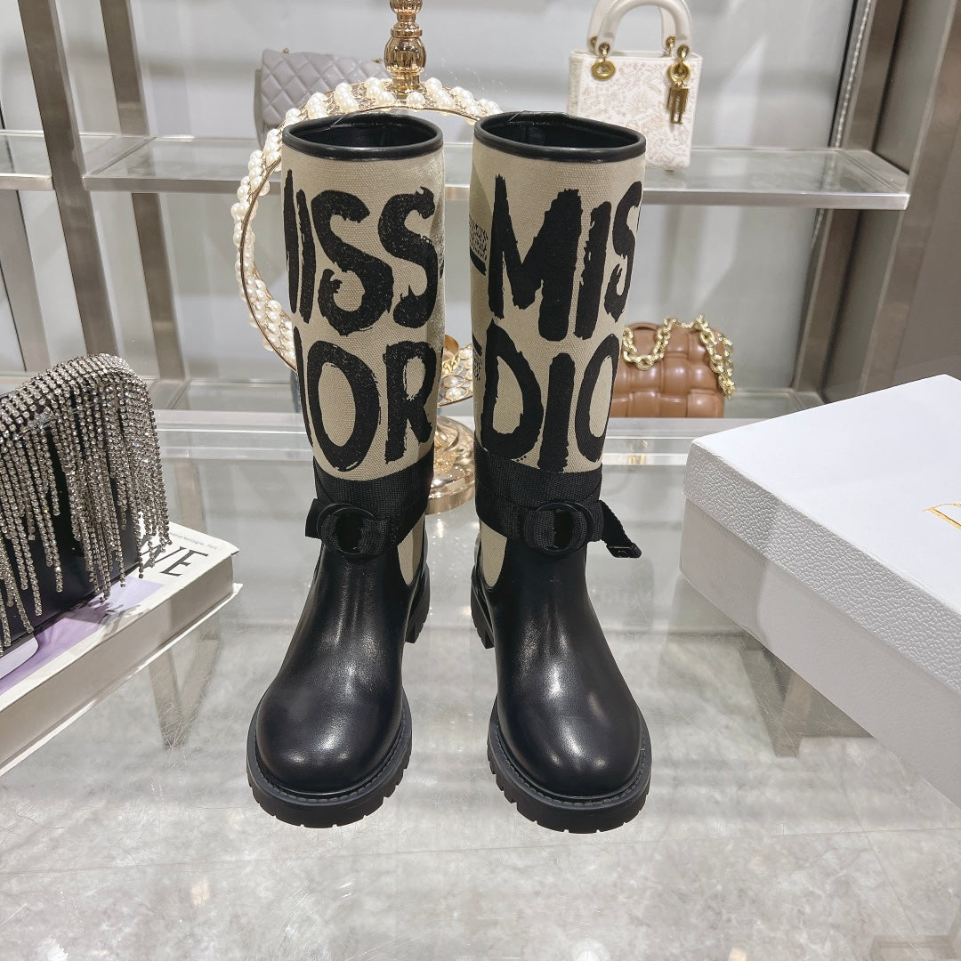 DIOR D-Major Boot Black Mix Beige Calfskin And Canvas