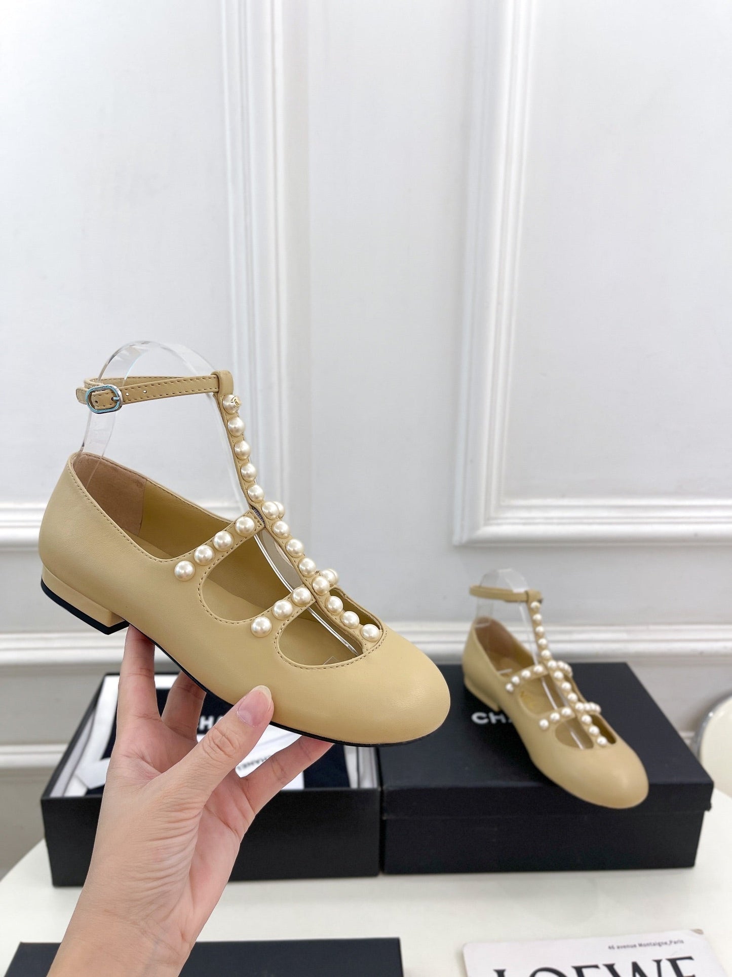 CHANEL Mary Jane 10mm In Buff Yellow With Small Pearls Lambskin 948762