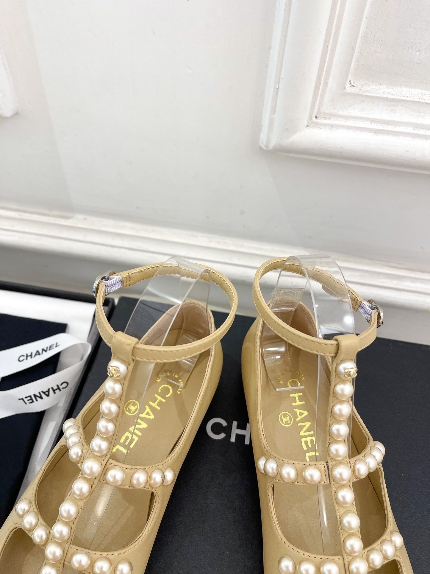 CHANEL Mary Jane 10mm In Buff Yellow With Small Pearls Lambskin 948762