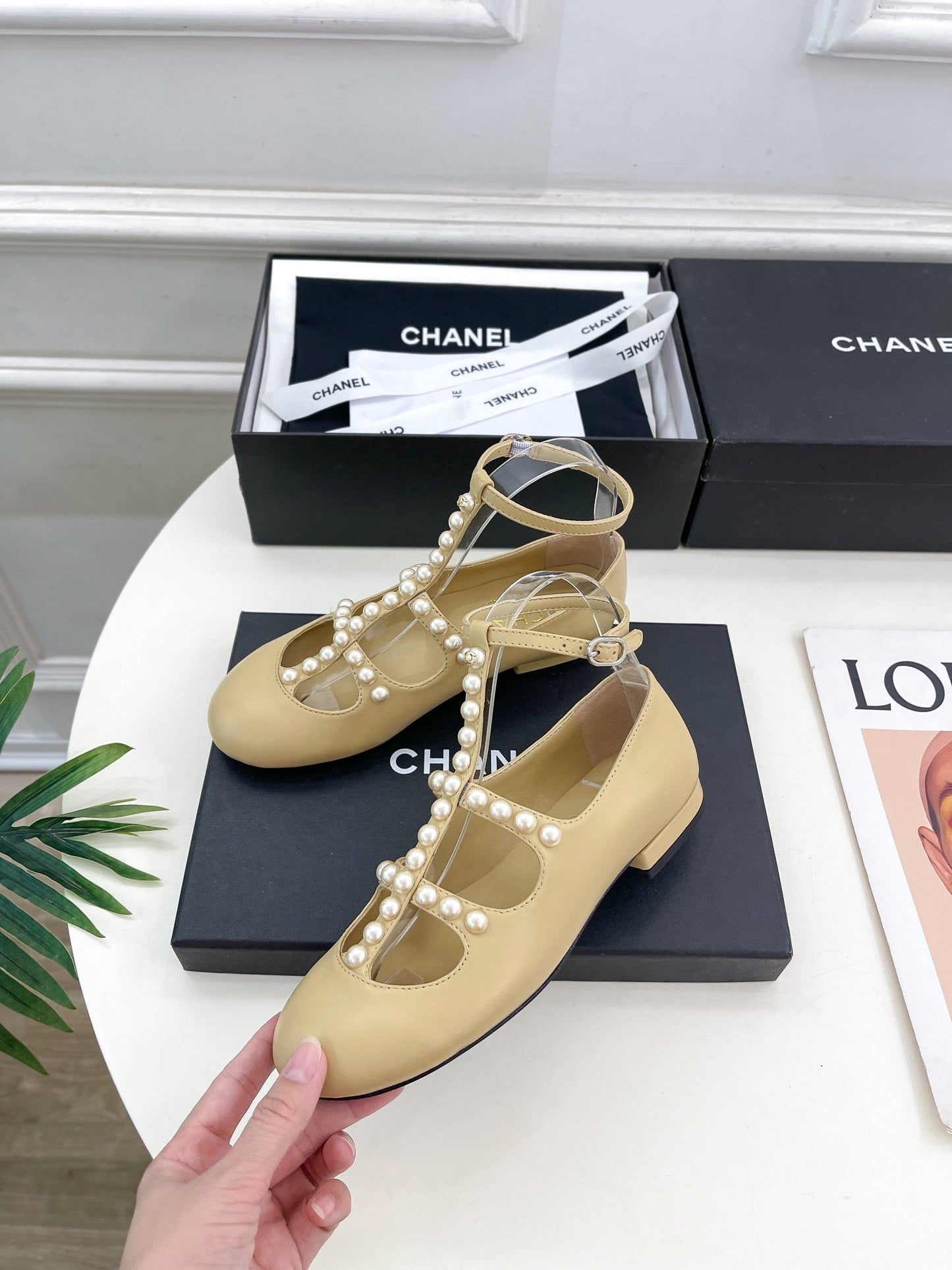 CHANEL Mary Jane 10mm In Buff Yellow With Small Pearls Lambskin 948762