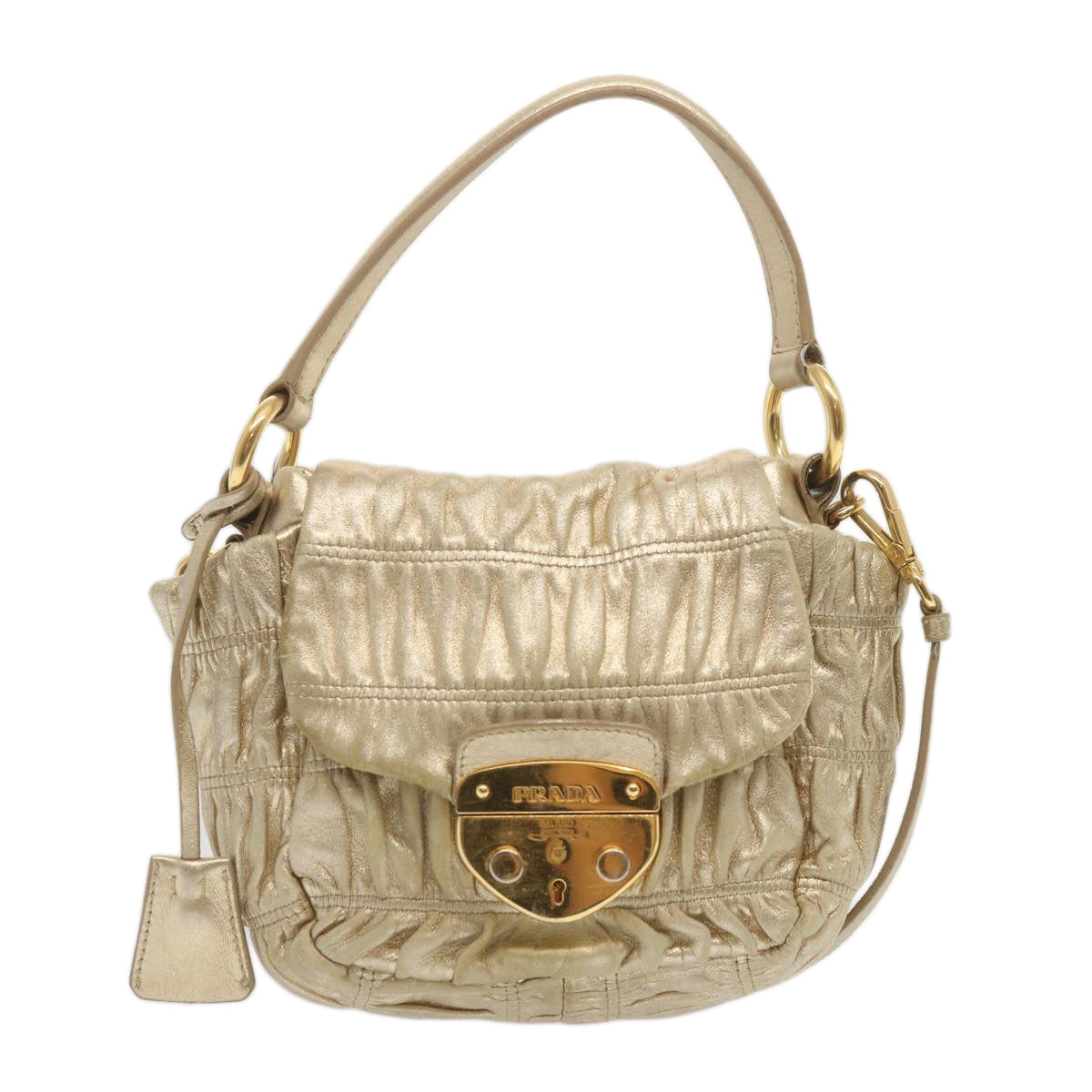 PRADA Gathered Shoulder Bag Leather 2way Gold Tone  ki3791