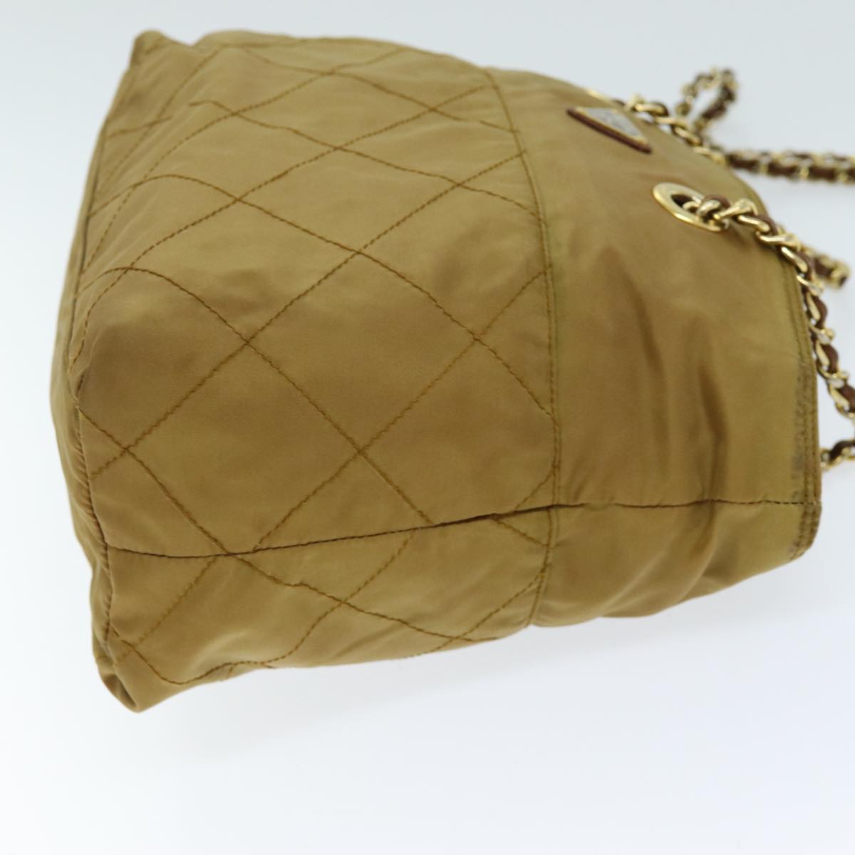 PRADA Quilted Chain Shoulder Bag Nylon Beige ki4426