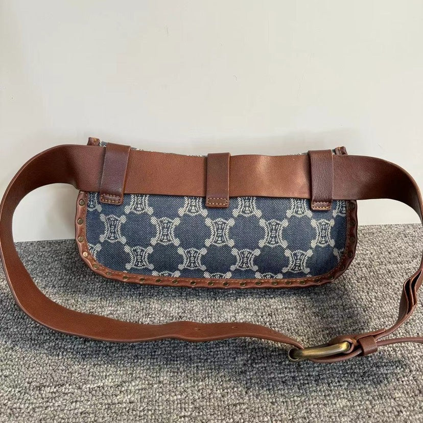 Celine Triomphe Blue Canvas Belted Waist Bag Medium