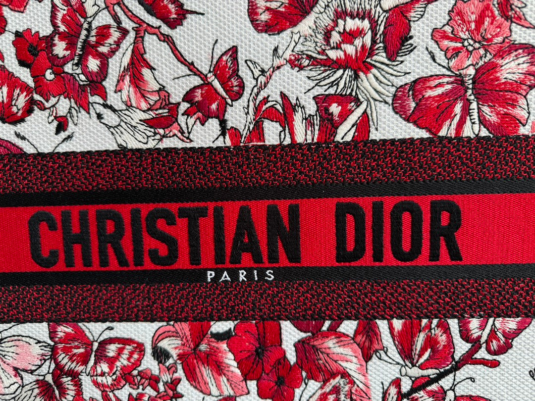 DIOR Large Book Tote 42cm White and Red Heart Butterfly Embroidery