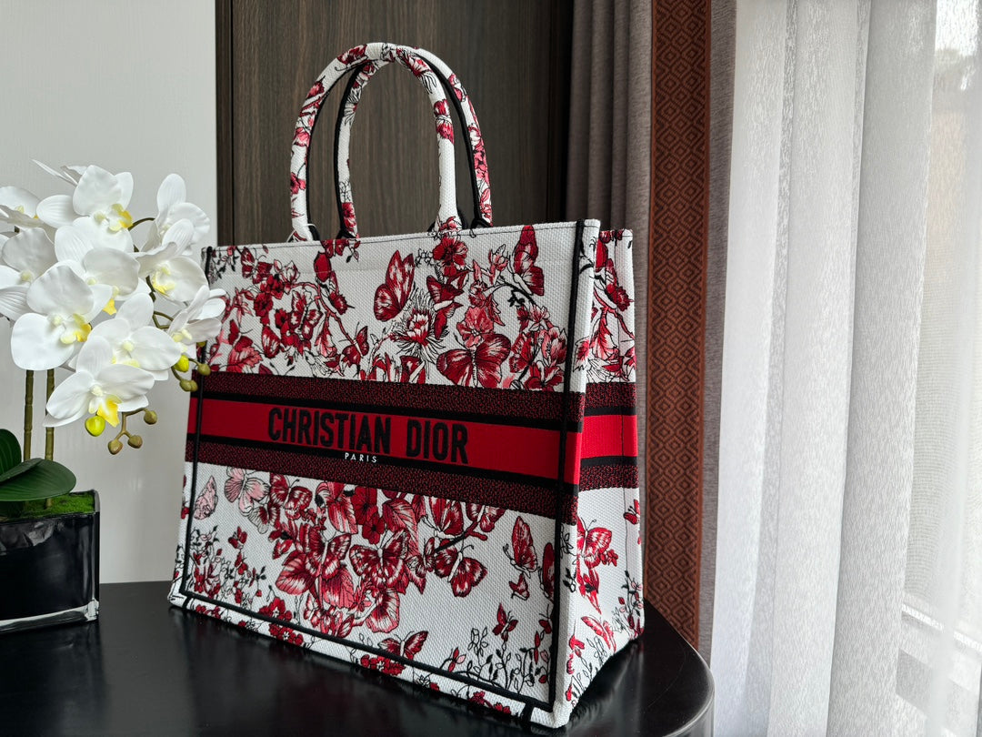 DIOR Large Book Tote 42cm White and Red Heart Butterfly Embroidery