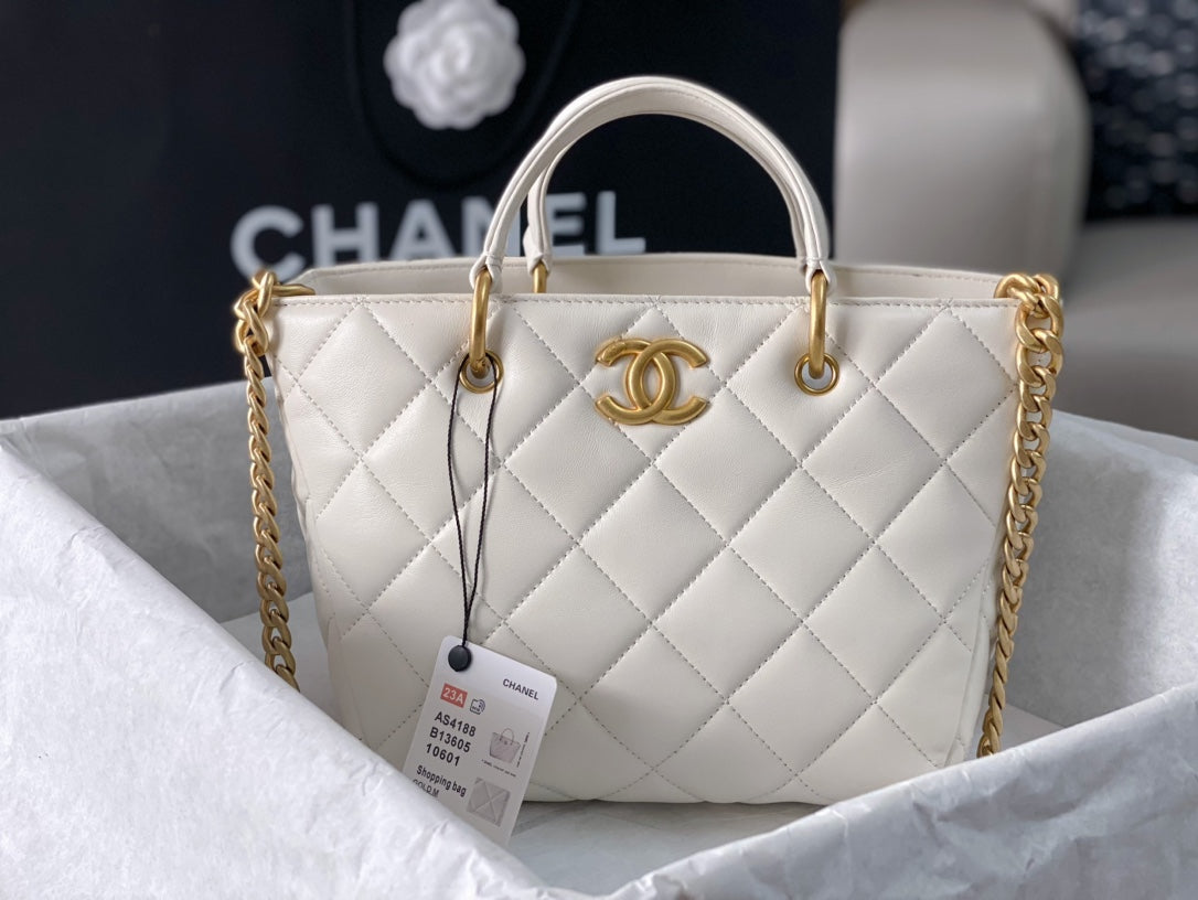 CHANEL 2Way Chain Shoulder Tote Bag White Leather