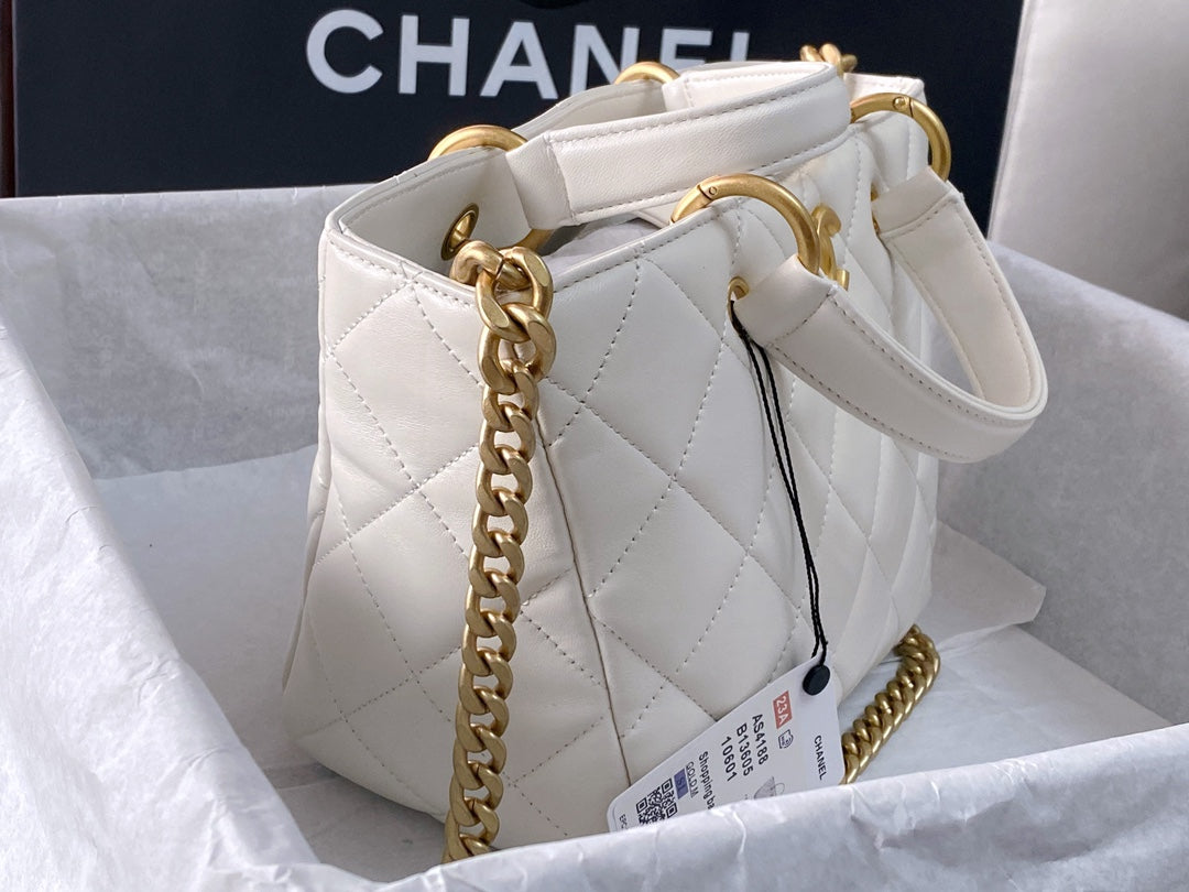 CHANEL 2Way Chain Shoulder Tote Bag White Leather