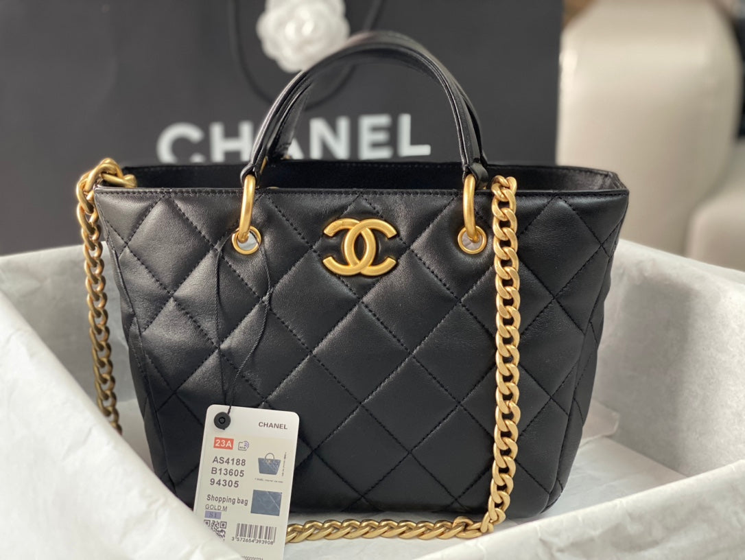 CHANEL 2Way Chain Shoulder Tote Bag Black Leather