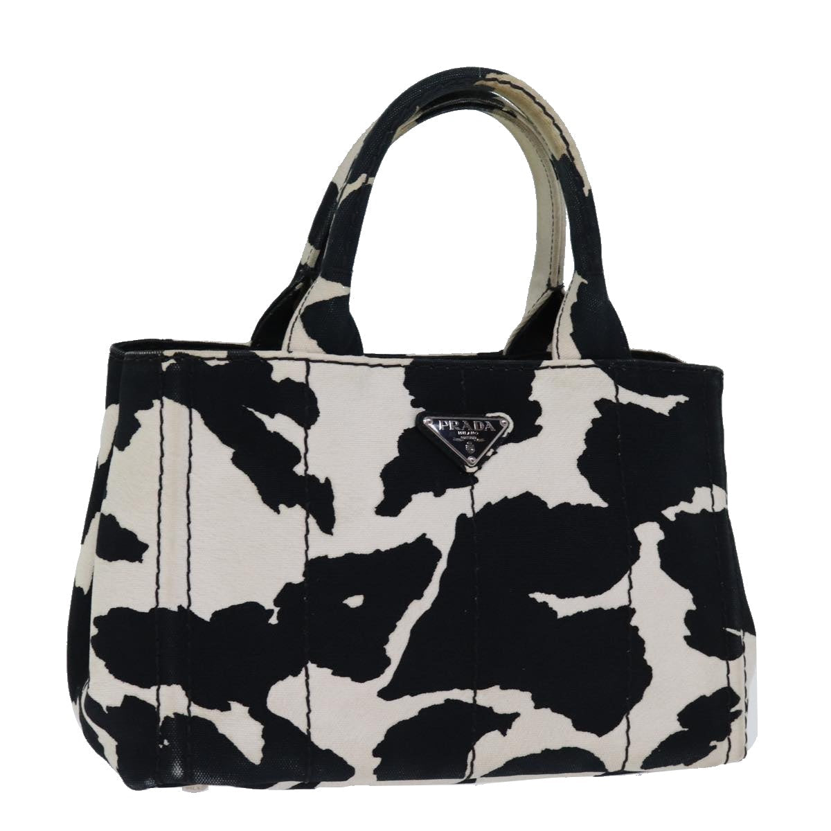 PRADA Cow Pattern Canapa PM Hand Bag Canvas 2way White Black yk12633