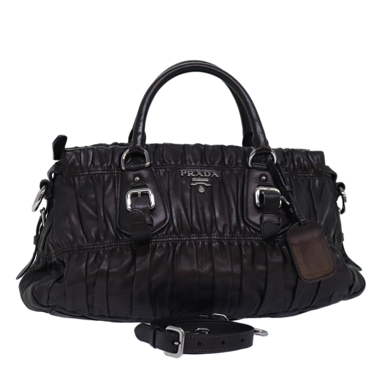 PRADA Gathered Hand Bag Leather 2way Black BN1407 yk12897
