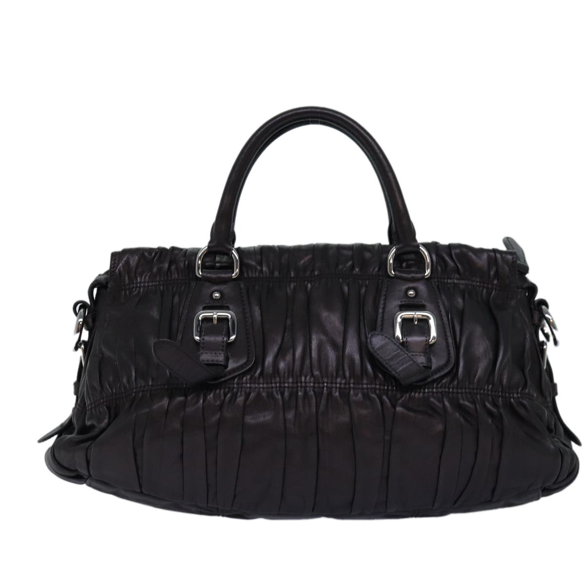PRADA Gathered Hand Bag Leather 2way Black BN1407 yk12897