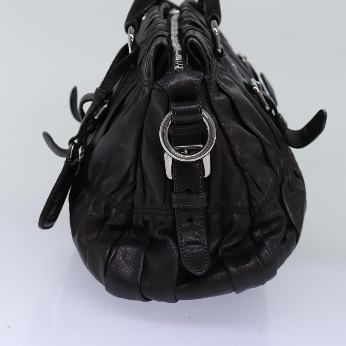 PRADA Gathered Hand Bag Leather 2way Black BN1407 yk12897