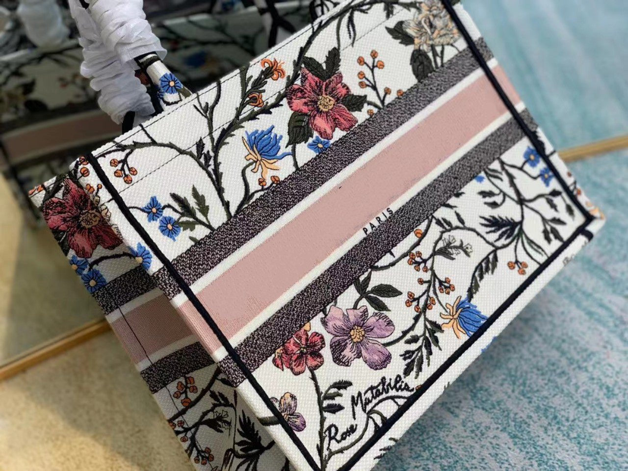 DIOR MEDIUM LADY D-LITE 24 PINK MULTI COLOR PAISLEY EMBROIDERY