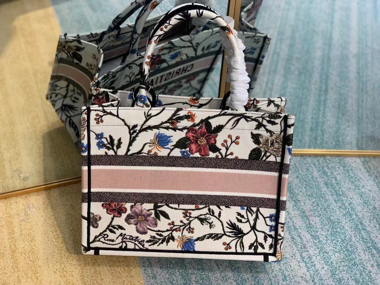 DIOR MEDIUM LADY D-LITE 24 PINK MULTI COLOR PAISLEY EMBROIDERY