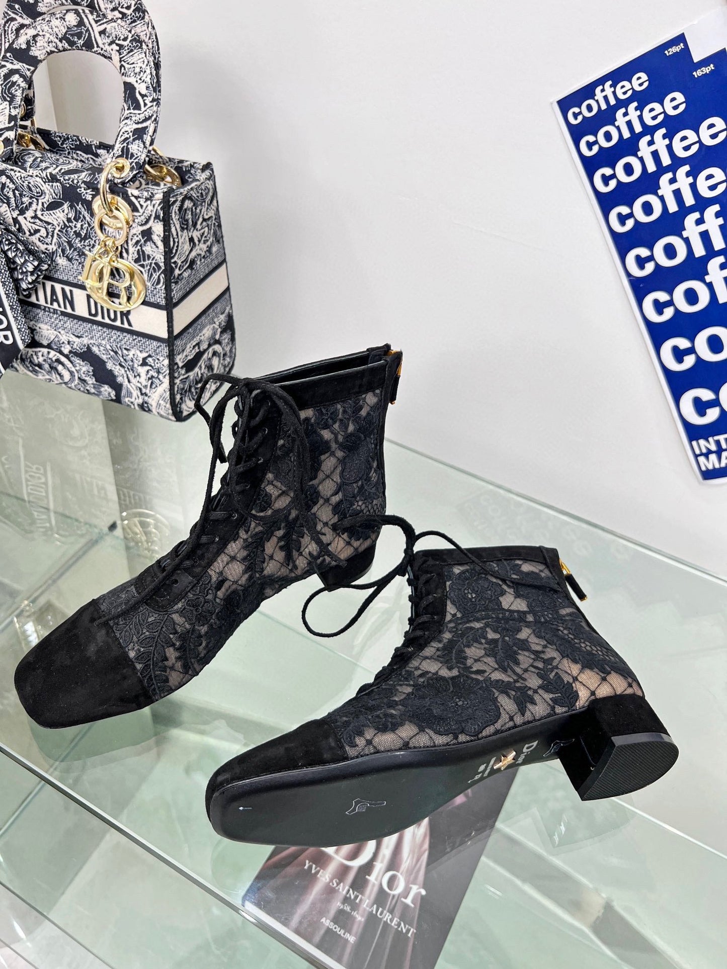 DIOR naughtily-d ankle boot black transparent mesh and suede