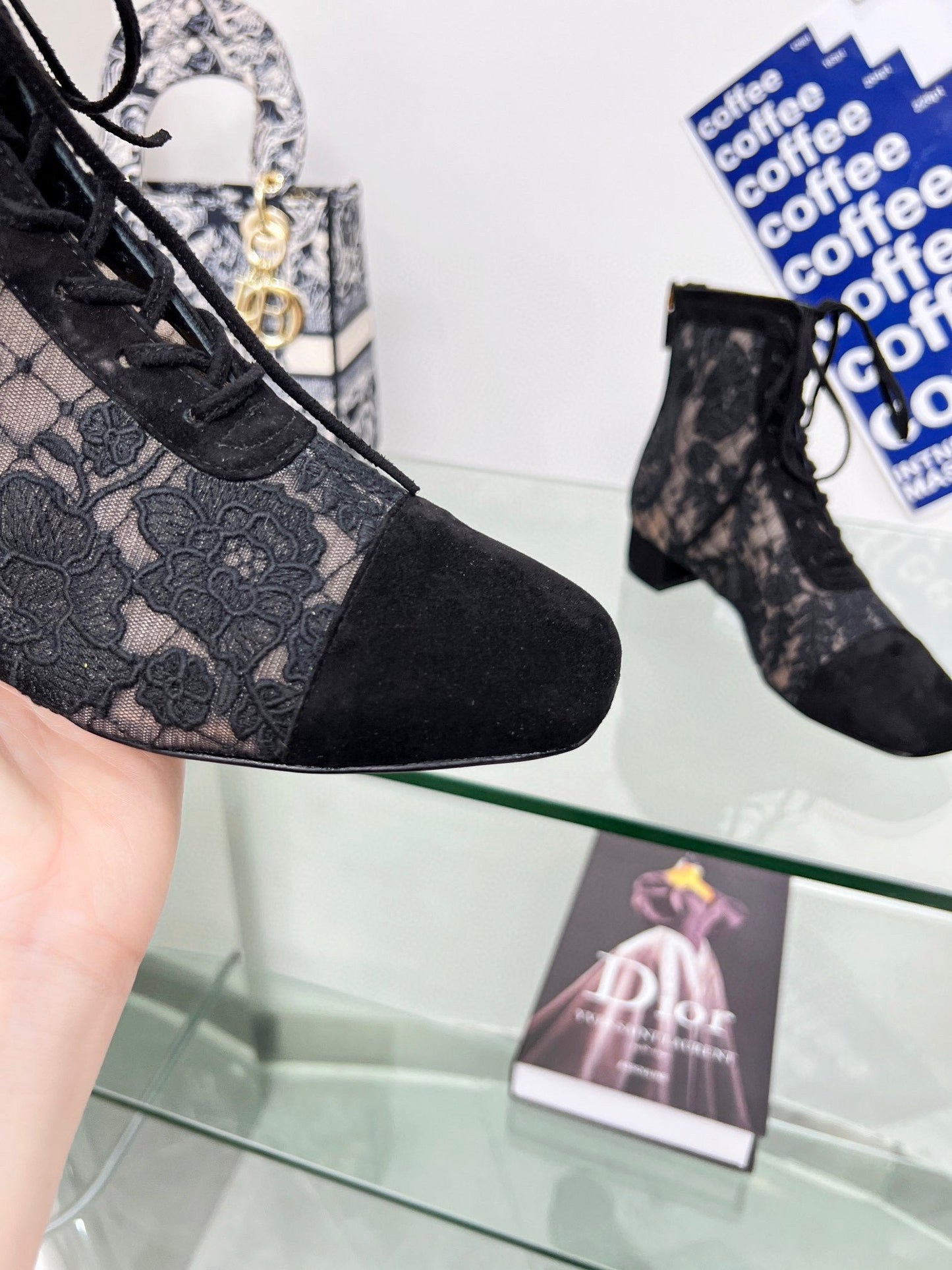 DIOR naughtily-d ankle boot black transparent mesh and suede