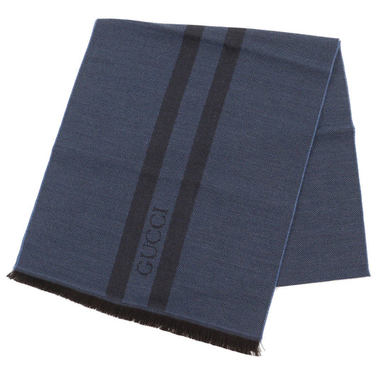 GUCCI Wool Herringbone Logo Scarf Blue Brown