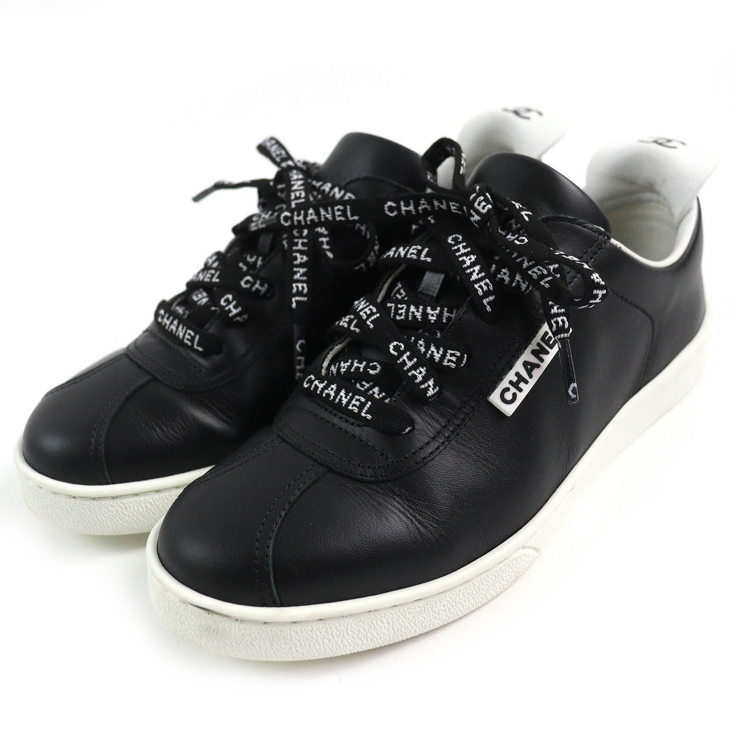 Chanel Leather Low Cut Sneakers Black White 36