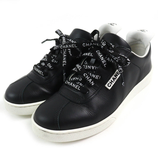 Chanel Leather Low Cut Sneakers Black White 36