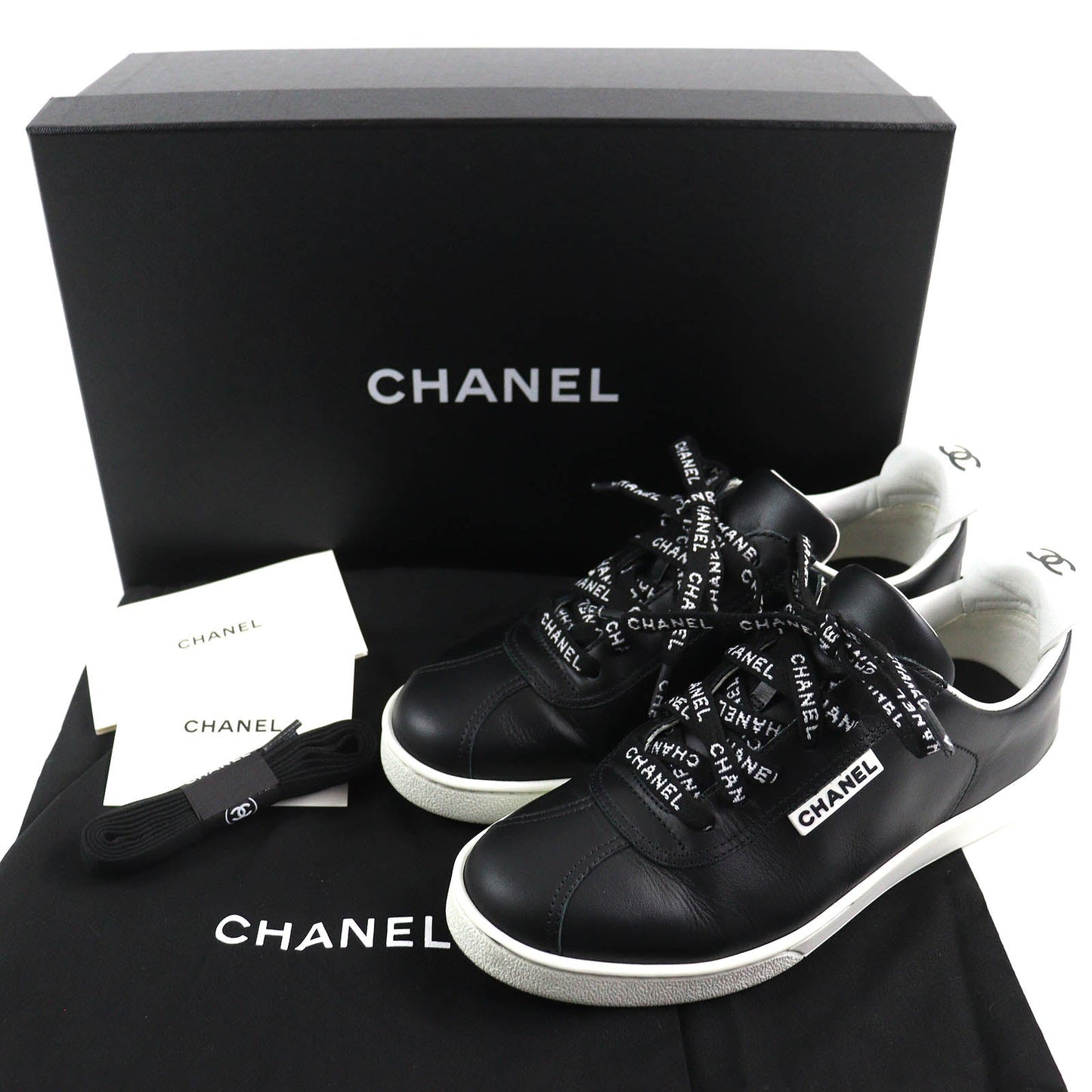 Chanel Leather Low Cut Sneakers Black White 36