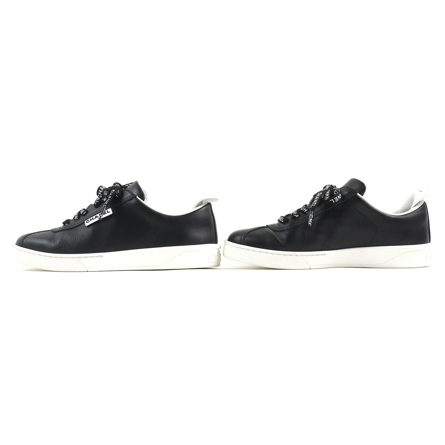 Chanel Leather Low Cut Sneakers Black White 36