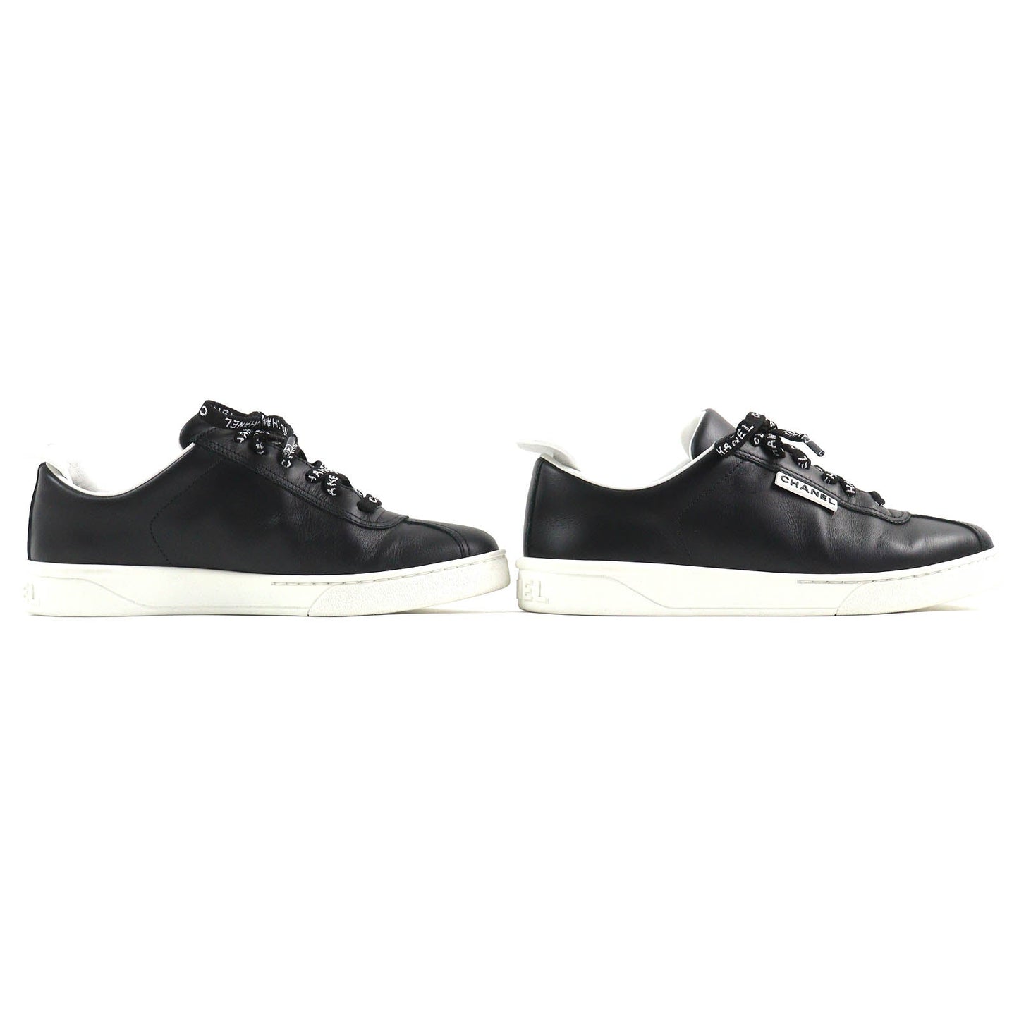 Chanel Leather Low Cut Sneakers Black White 36