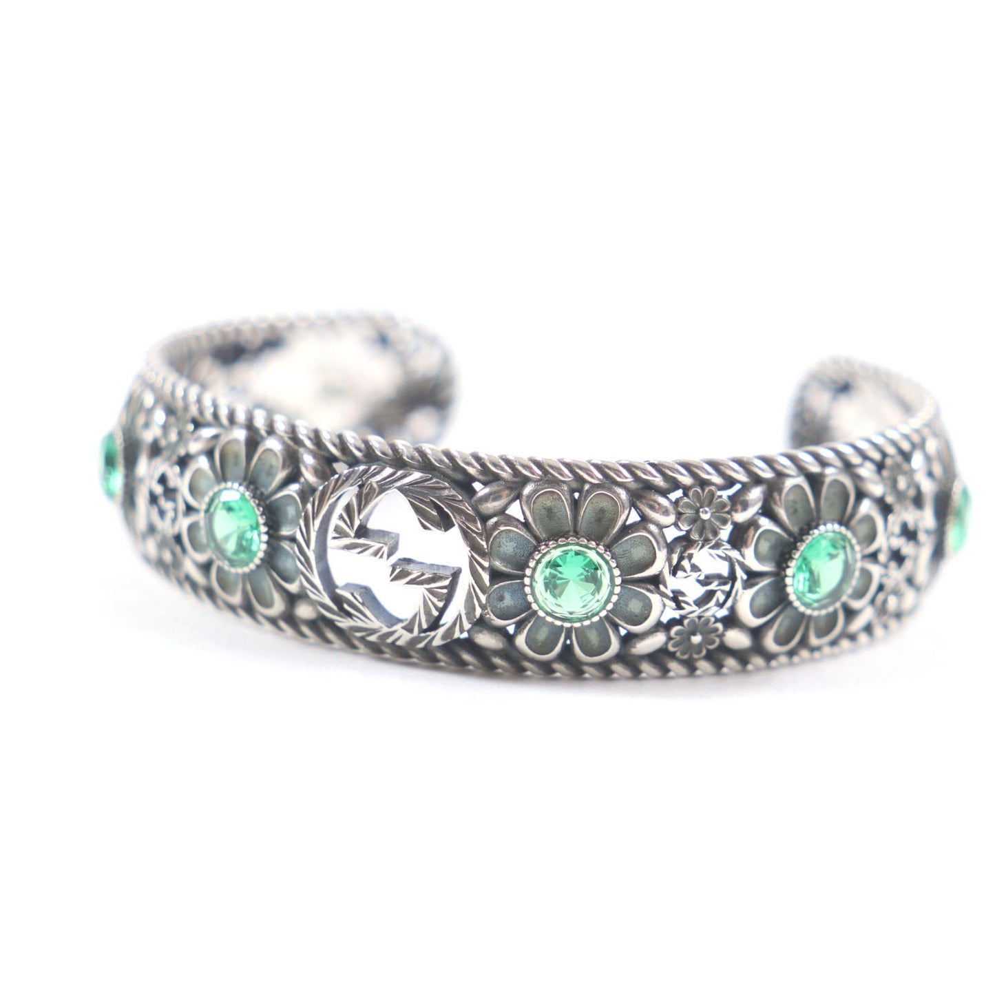 GUCCI Crystal Floral G Bangle Silver Bracelet