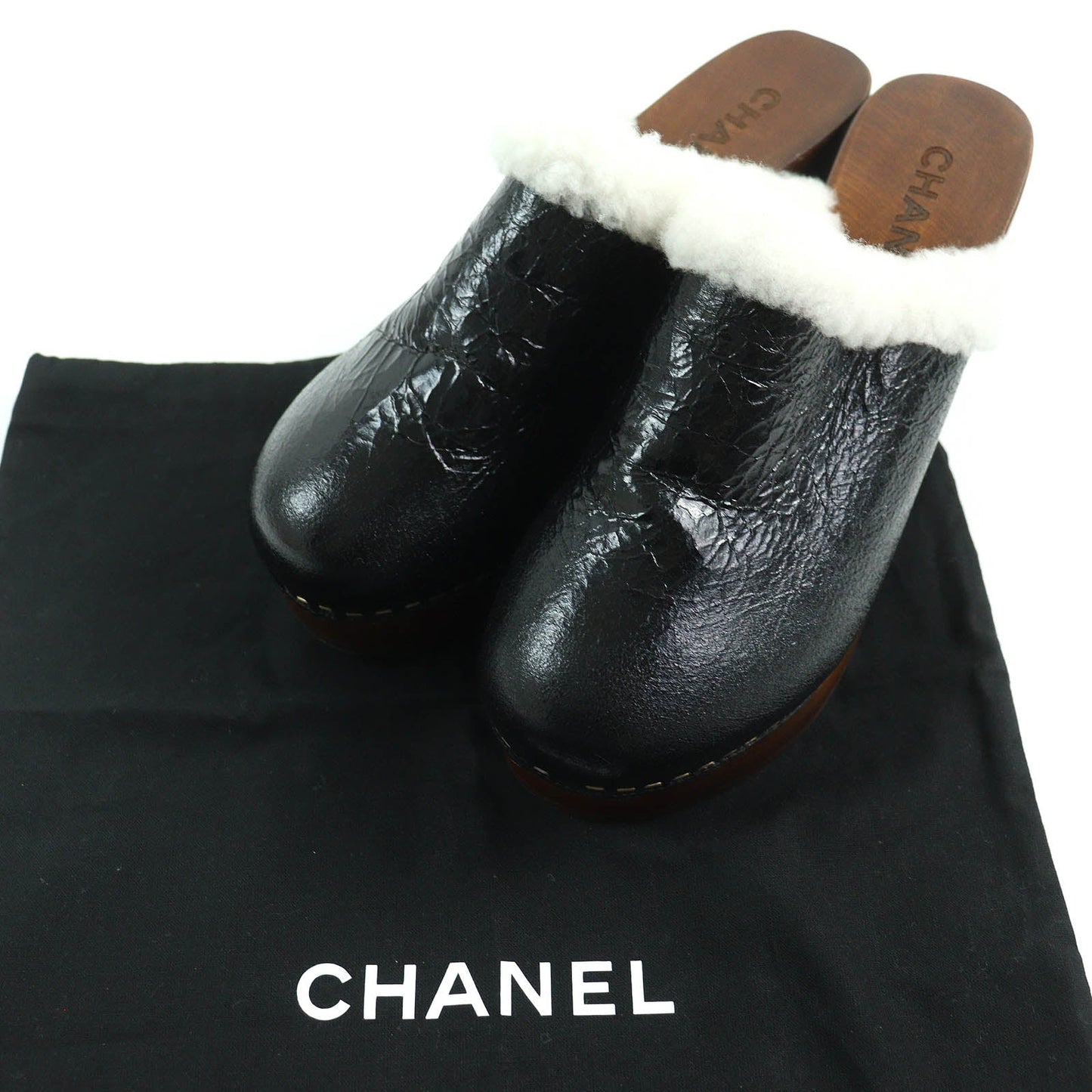 Chanel Sheepskin Wood Clogs Sandals G35368