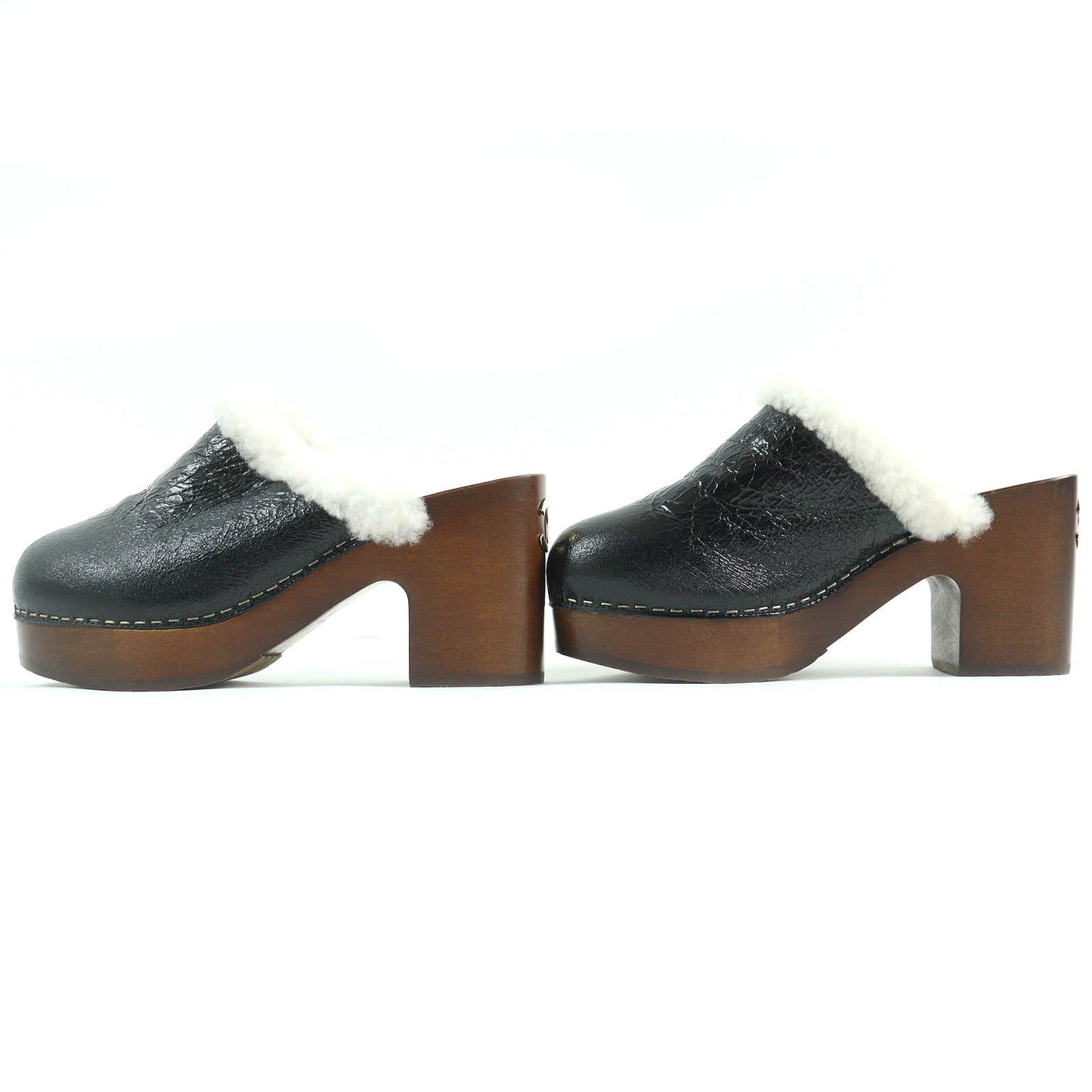 Chanel Sheepskin Wood Clogs Sandals G35368