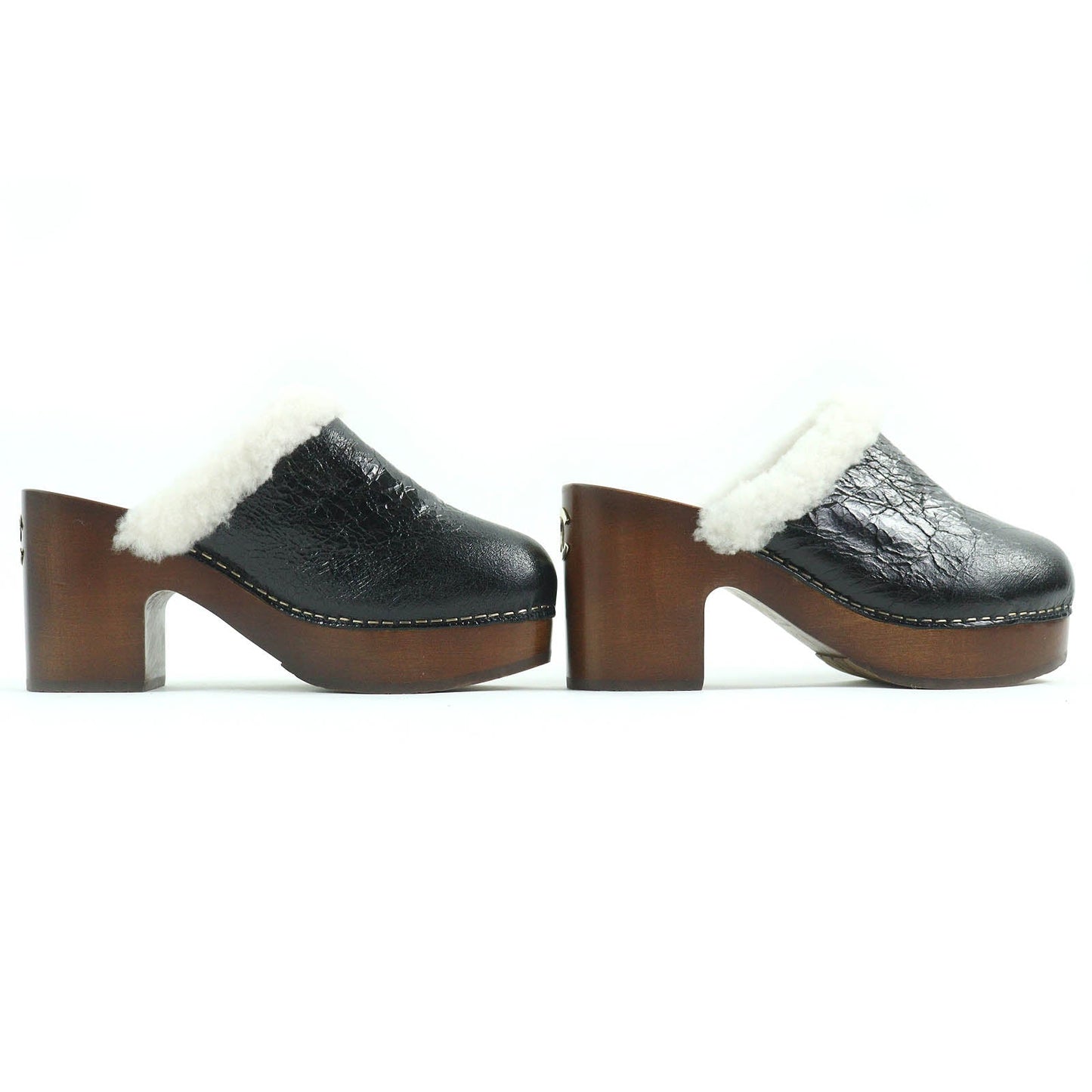 Chanel Sheepskin Wood Clogs Sandals G35368