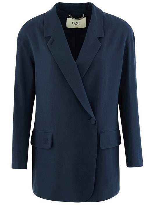 Fendi Crepe Silk Off Center Blazer Jacket Blue