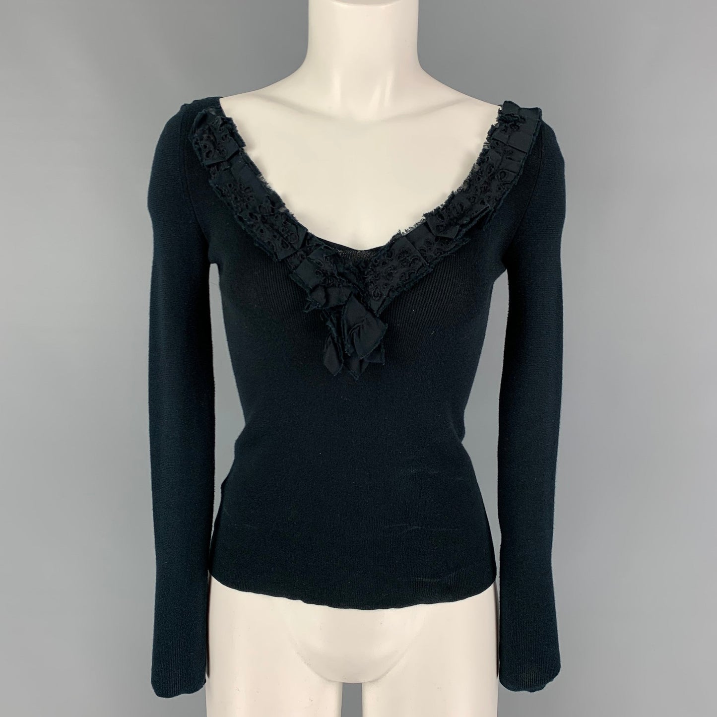 PRADA Size 4 Black Eylet Ribbon Pullover