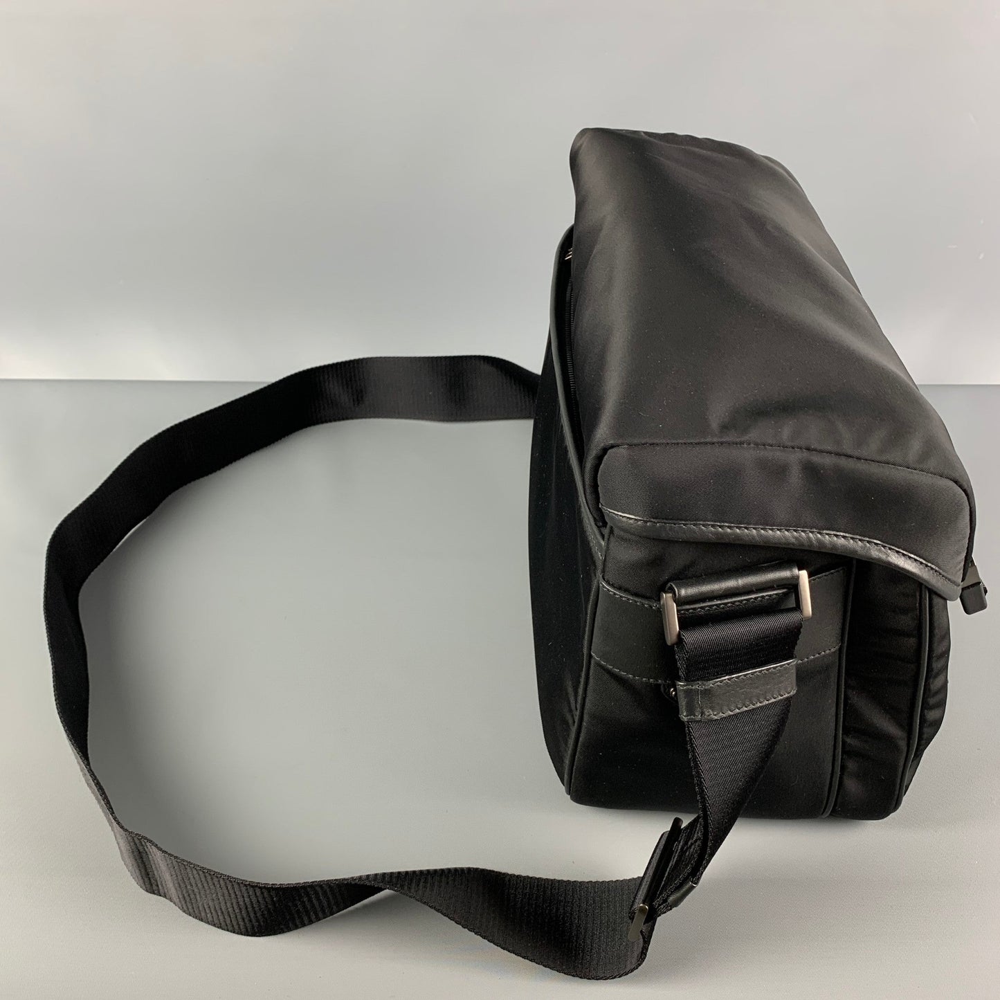 PRADA Black Nylon Leather Trim Cross Body Bag