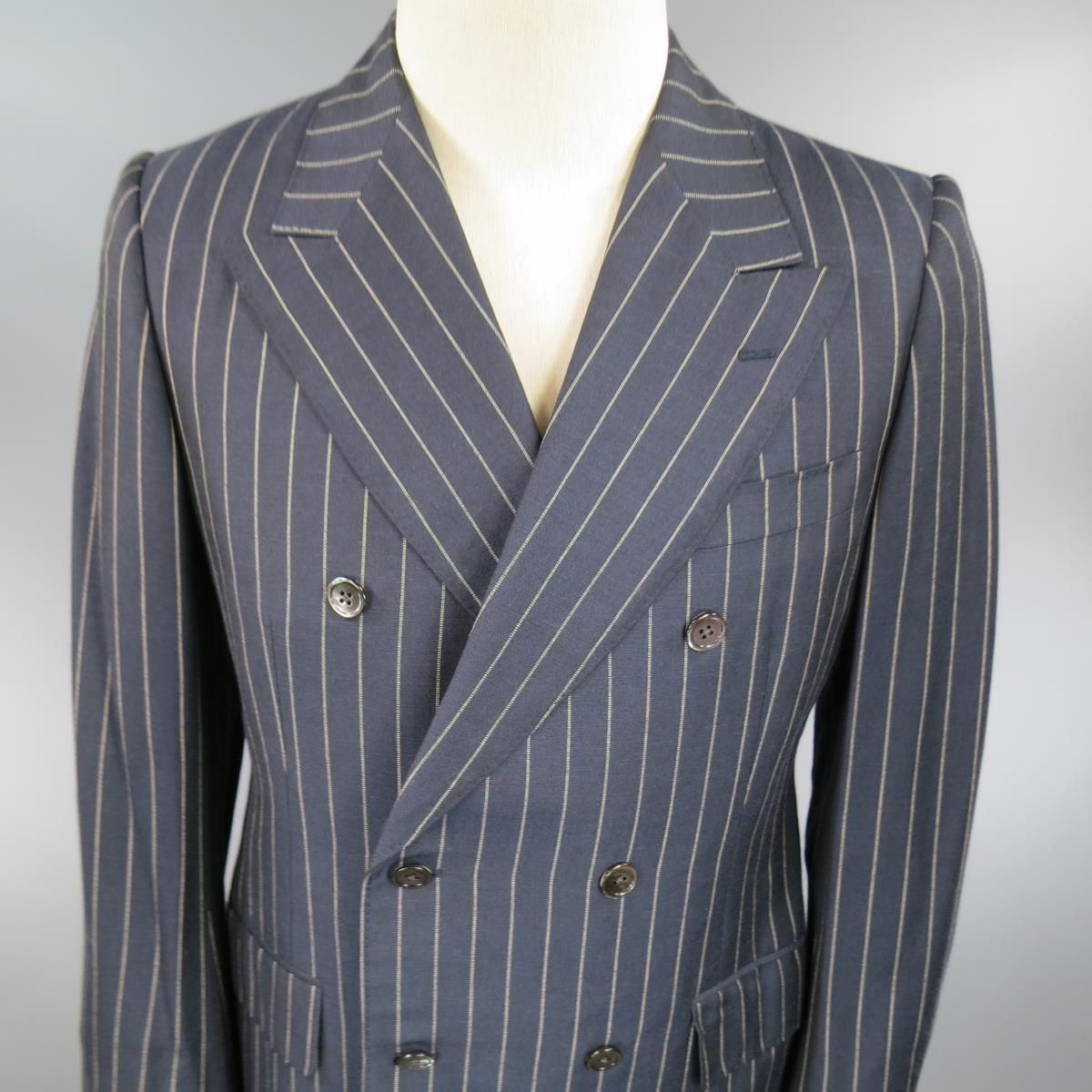 PRADA US 38 / IT 48 Navy Pinstripe Peak Lapel Double Breasted Sport Coat