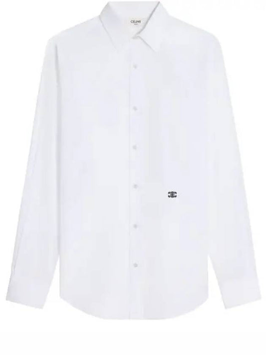 CELINE Triomphe Embroidered Poplin Cotton Long Sleeve Shirt White