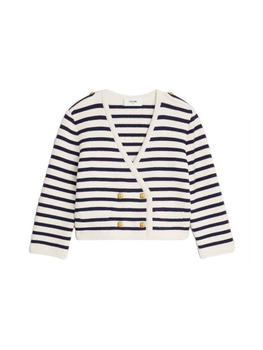 CELINE Crop Stripe Wool Cardigan Cream Black